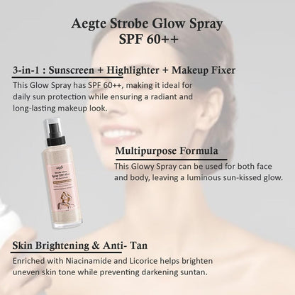 Macadve™ 3 in 1 Strobe Glow Spray SPF 60++ Sunscreen, Highlighter, Makeup Fixer