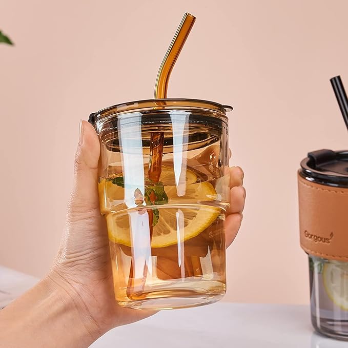 Leather Sleeve Glass Mug – Reusable Coffee Cup with Straw