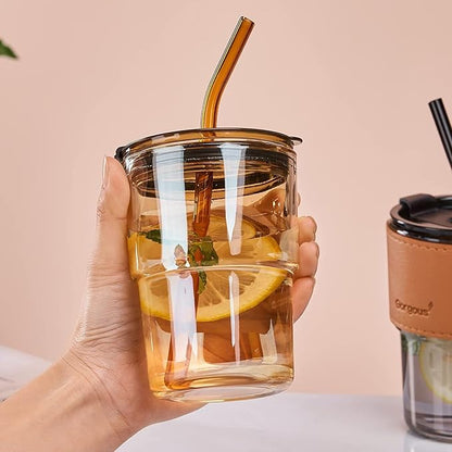 Leather Sleeve Glass Mug – Reusable Coffee Cup with Straw