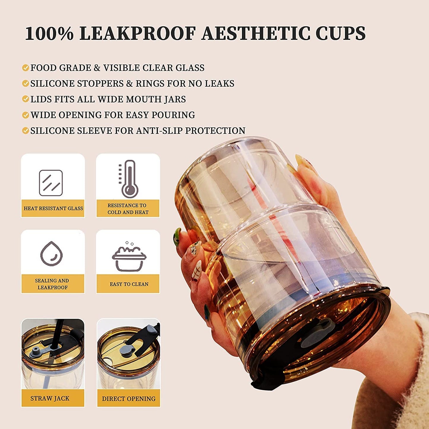Leather Sleeve Glass Mug – Reusable Coffee Cup with Straw