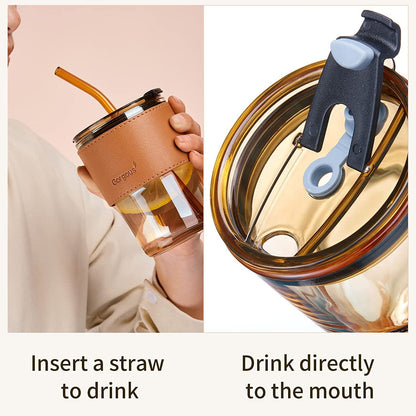 Leather Sleeve Glass Mug – Reusable Coffee Cup with Straw