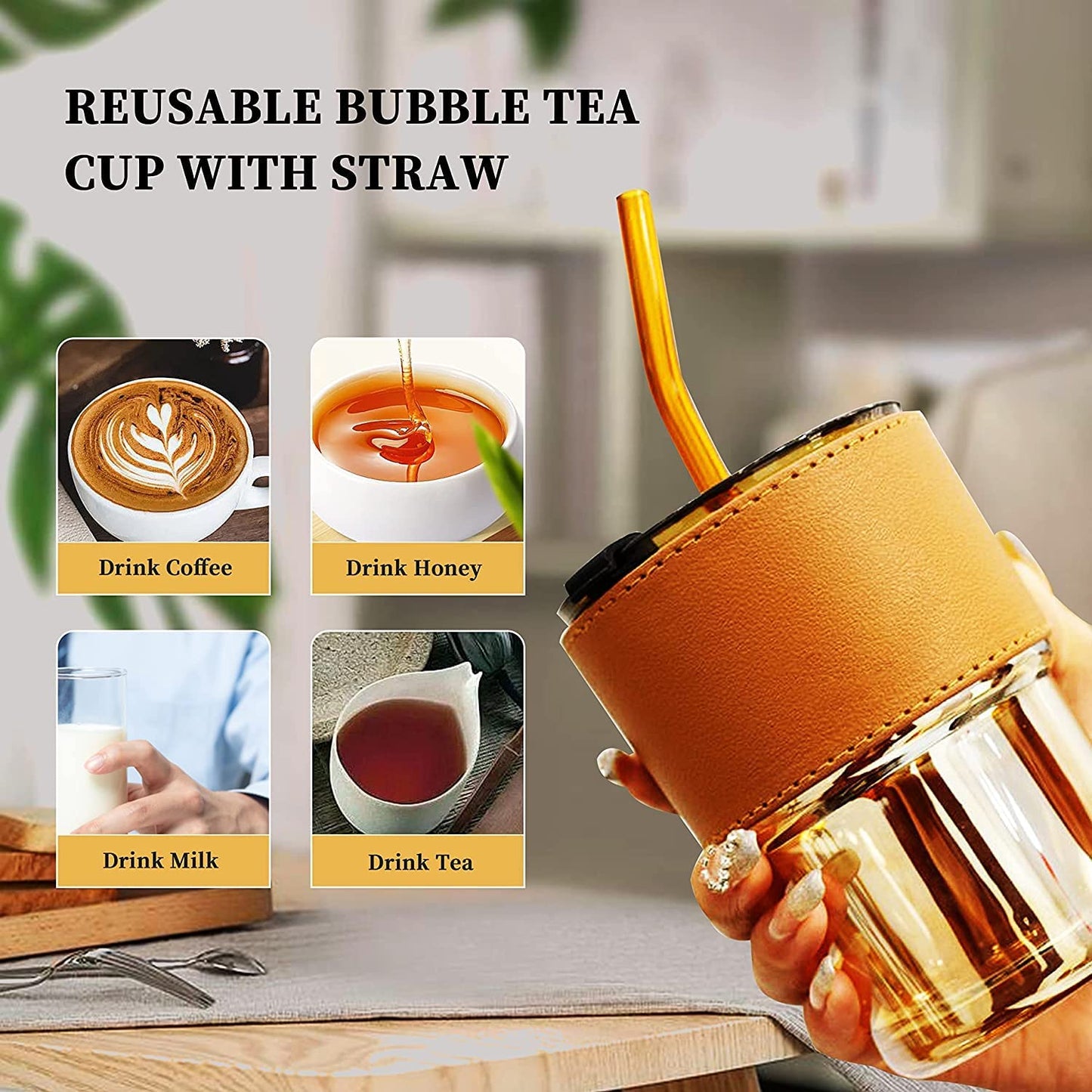 Leather Sleeve Glass Mug – Reusable Coffee Cup with Straw