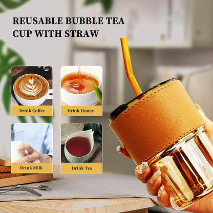 Leather Sleeve Glass Mug – Reusable Coffee Cup with Straw