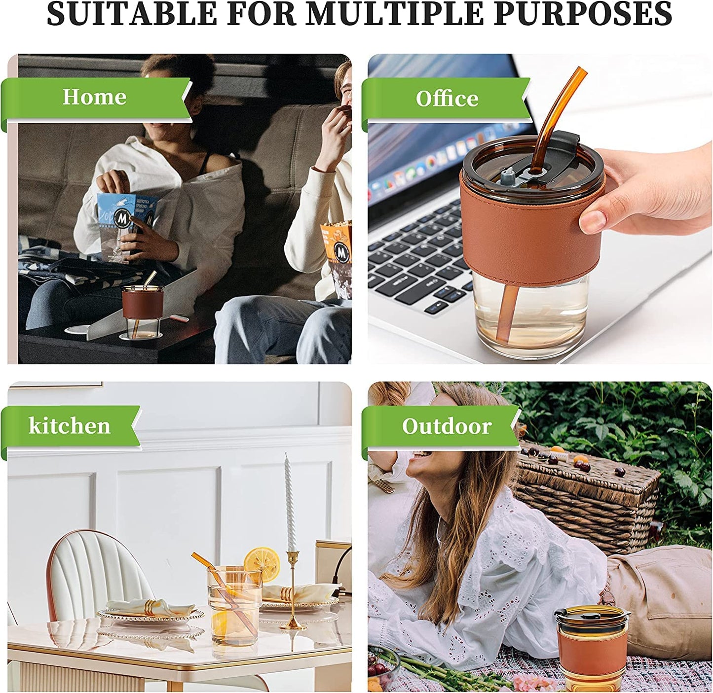 Leather Sleeve Glass Mug – Reusable Coffee Cup with Straw