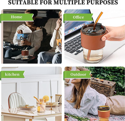 Leather Sleeve Glass Mug – Reusable Coffee Cup with Straw